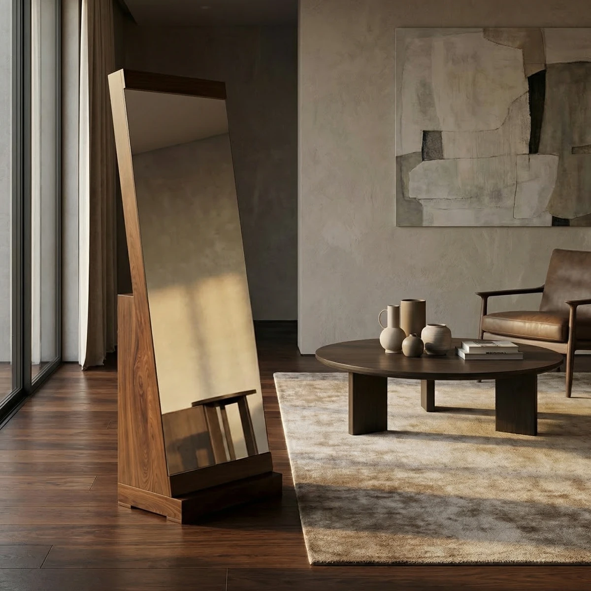 32234-Espejo-de-Piso-Oporto-Nogal-ambientada-01 Espejo de Piso Oporto Nogal - foto ambientada