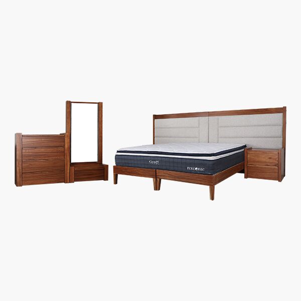 Sidney KS Montaje 45 Recámara King Size Sidney Tzalam - Chapa de Tzalam, Tapiz en crema, Herrería y Correderas de Extensión