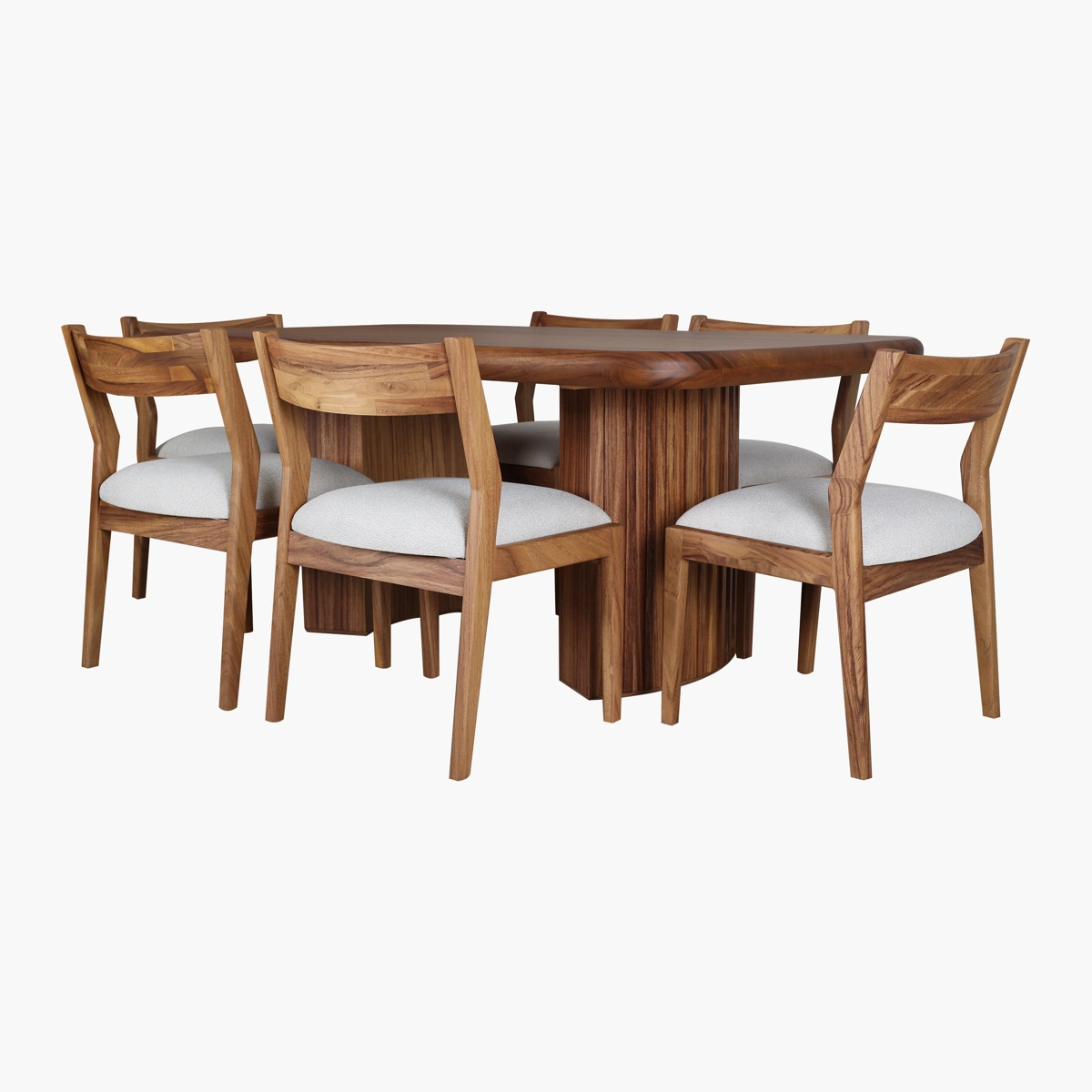 Aruba Mesa Rectangular Parota_6 Comedor Aruba Bacalar Parota P/6 - Parota sólida, chapa natural de parota, tela tapizada color neutro
