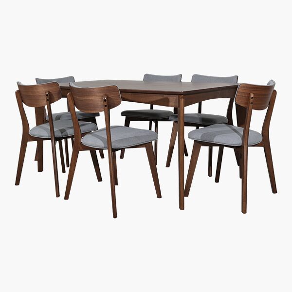 Jesse Poppy Nogal 45 Comedor Jesse Poppy Nogal P/6 - Madera Sólida, Chapa de Nogal, Tapiz tono Gris