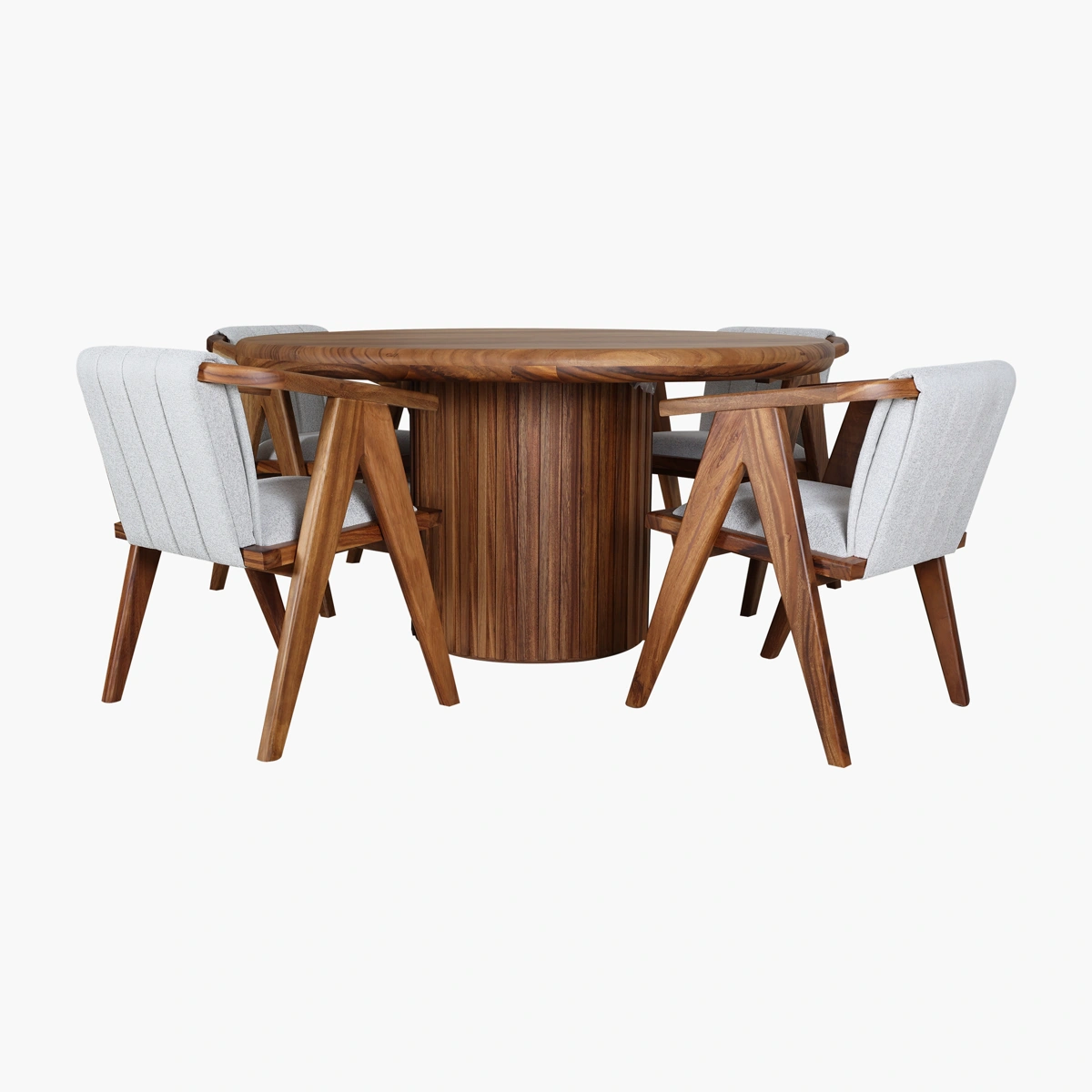 Mesa de comedor Bacalar para 5 personas en parota_11 Comedor Bacalar Loren Parota 150cm - Parota sólida, chapa natural de parota, tela tapizada color Silver