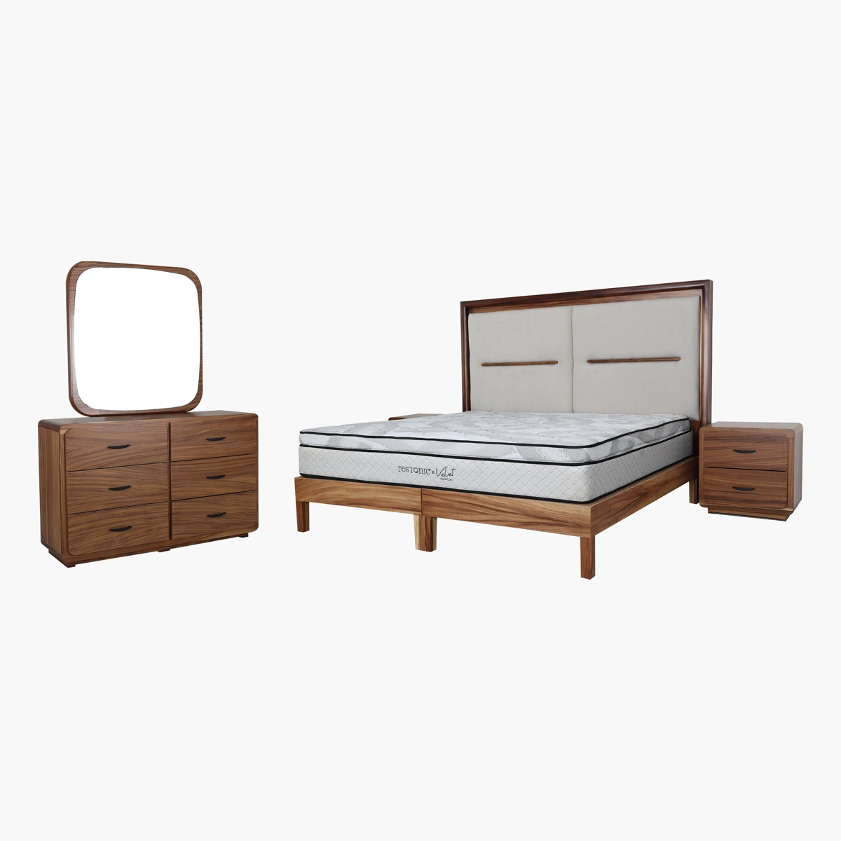 Recámara King Size Loriet - Chapa de Parota, Tela Beige, Herrería y Correderas de Extensión