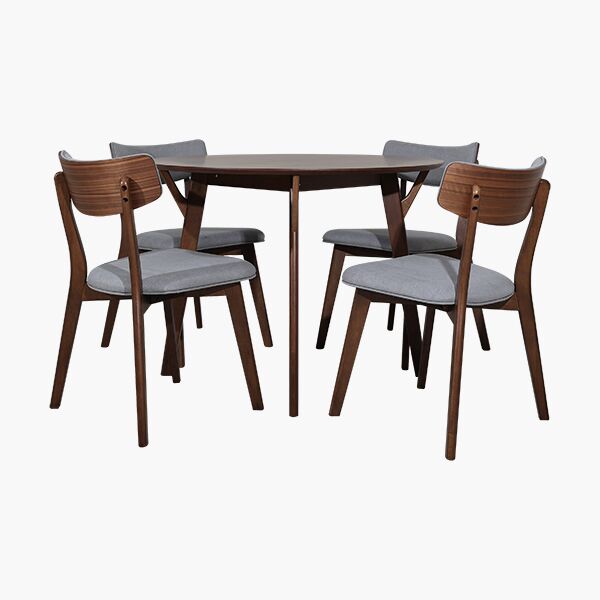 Lulu Poppy Nogal45 Comedor Lulu Nogal P/4 - Madera Sólida, Chapa de Nogal, Tapiz tono Gris