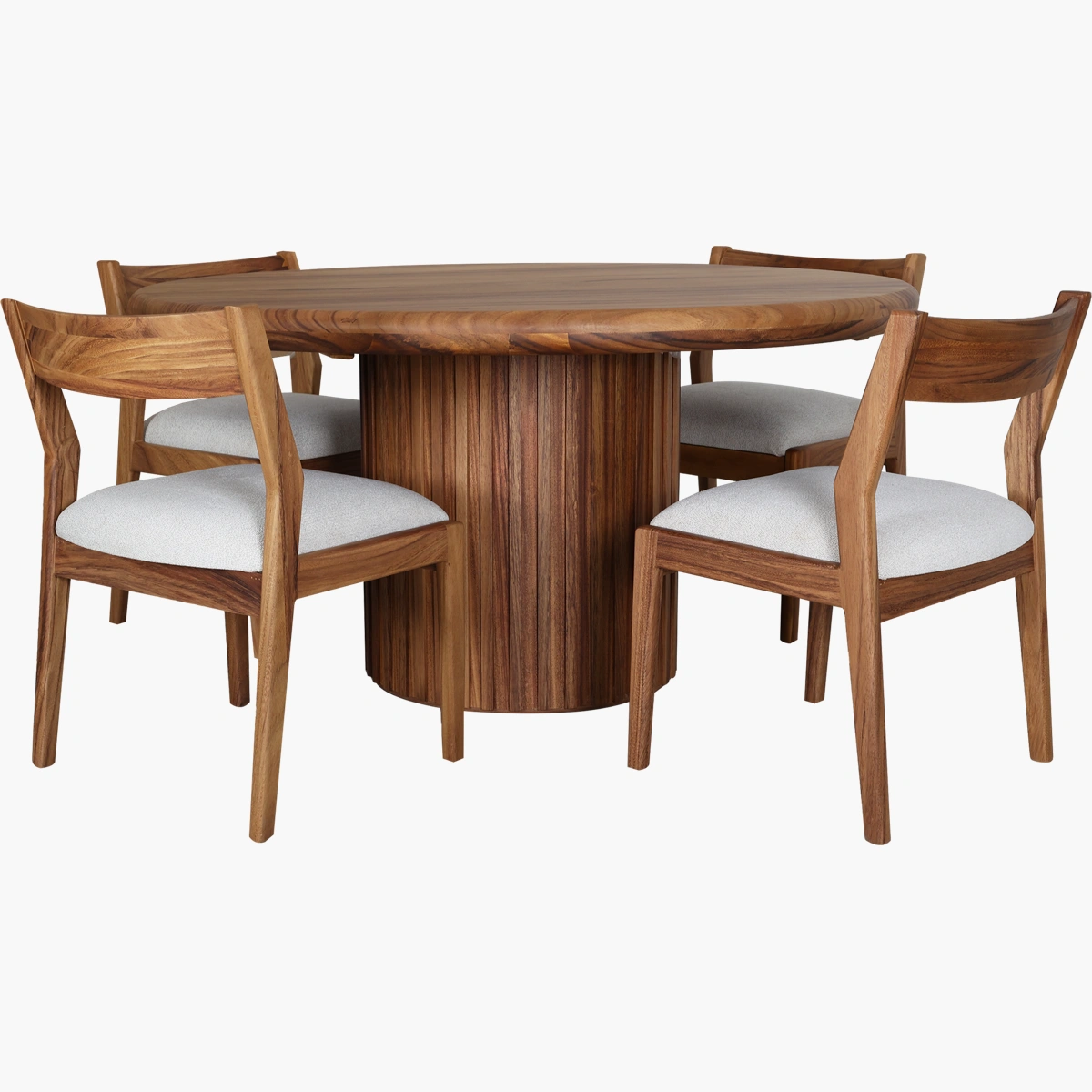 Mesa de comedor Bacalar para 5 personas en parota_22 Comedor Bacalar Parota 150cm - Parota sólida, chapa natural de parota, tela tapizada color claro