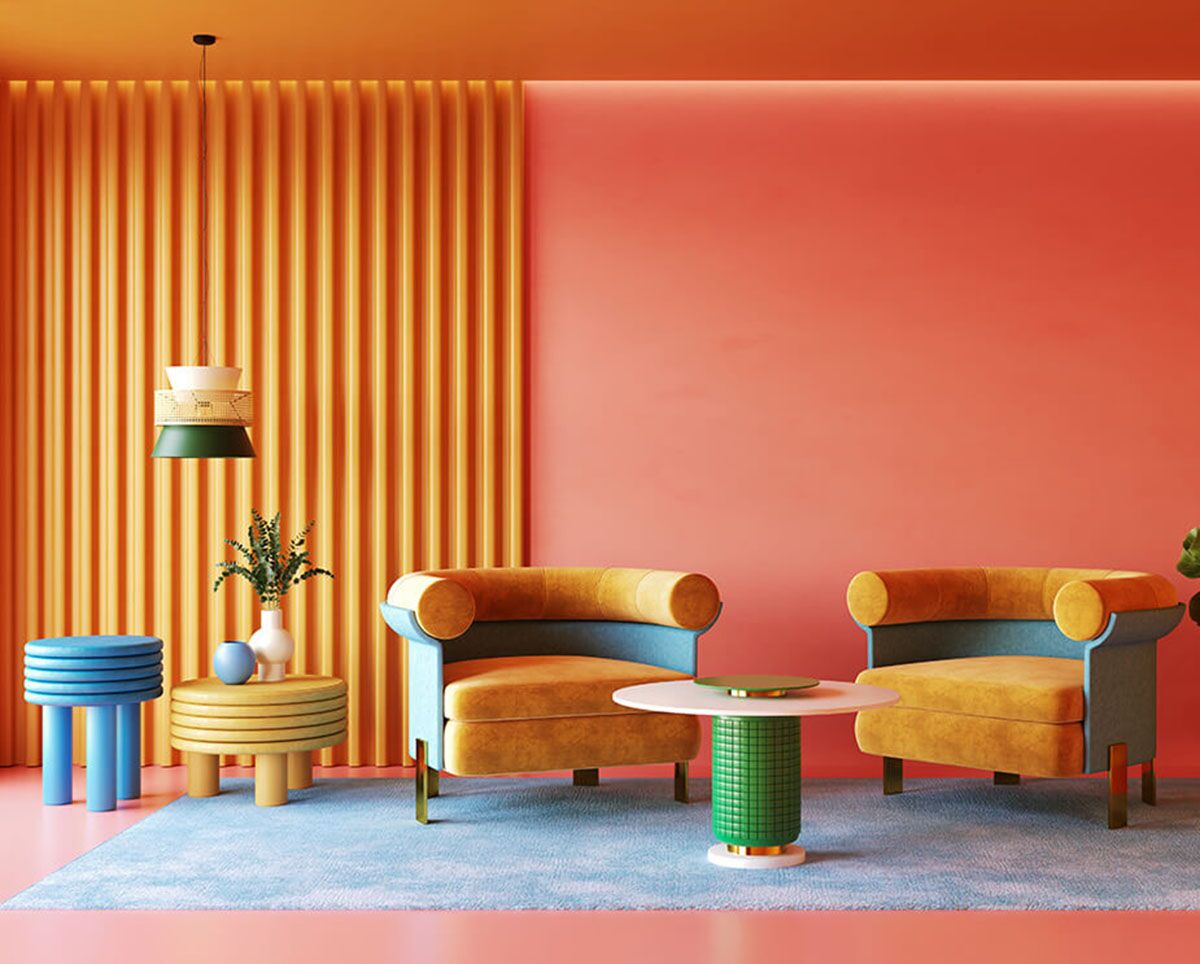 Espacio colorido y con detalles en oro interiorismo