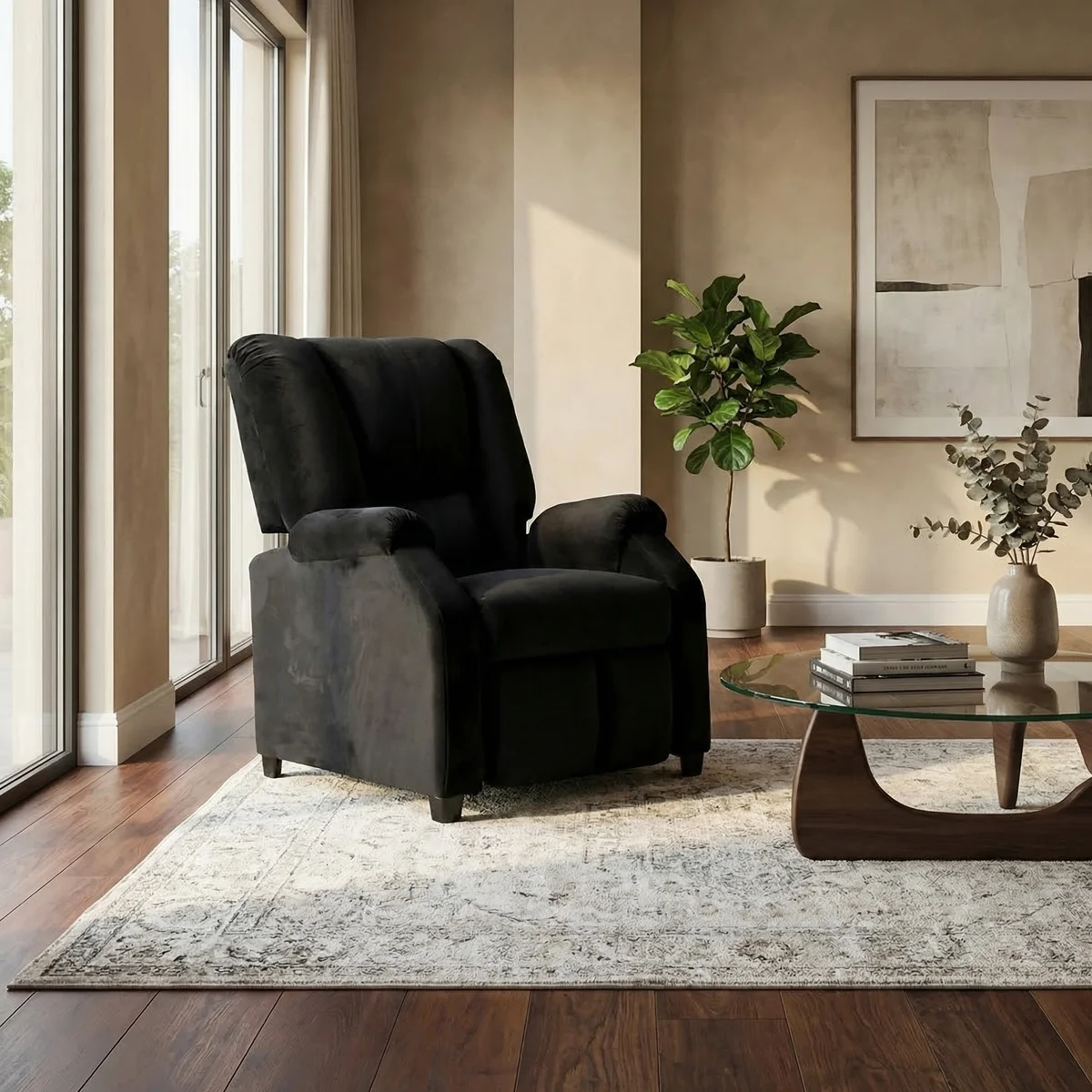 28669-Sillón-Reclinable-Karen-Terciopelo-Personalizable-Negro-ambientada-01 Sillon Reclinable Karen Terciopelo Personalizable Negro - foto ambientada
