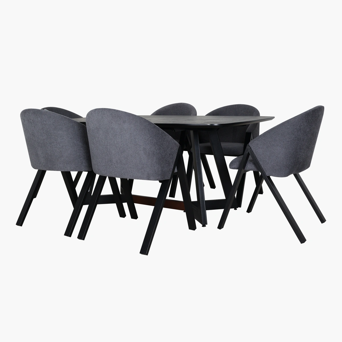 Mesa Aruma_2 Comedor Aruma - Estructura metálica pintada en negro, MDF grabado, tapiz textil gris